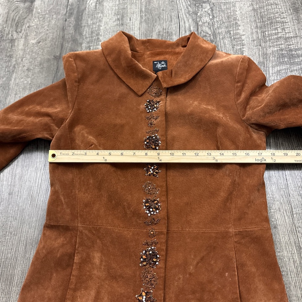 Hot in Hollywood Suede Leather Beaded Floral Embellished Long Jacket - Picture 3 of 11